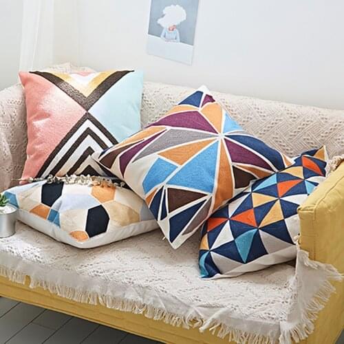Home Decor Embroidered Cushion Cover Colorful Triangle Block Geometric Canvas Cotton Square Embroidery Pillow Cover 45x45cm