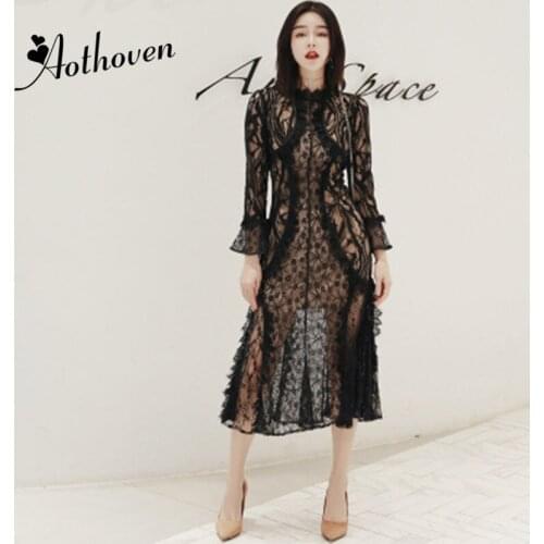 New Brand High-end Patchwork Luxury Princess Lace Dress Women Black Long Flare Sleeve O Neck Dress Bandage Elegant Party Dresses