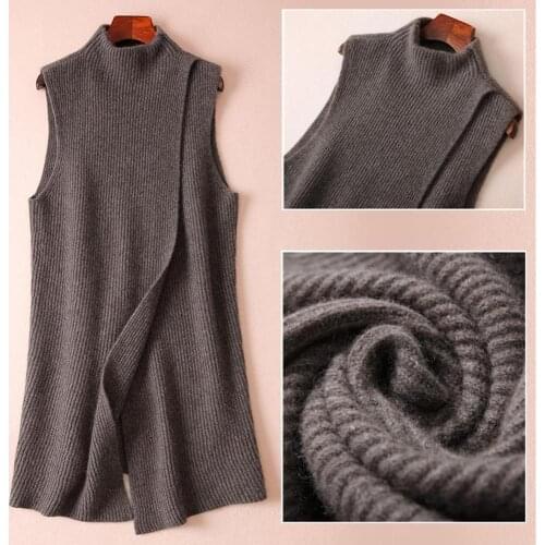 Autumn and winter new solid color knitted cashmere jacket vest female long section half-high round neck sleeveless wool sweater