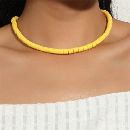 AOMU Boho Handmade Candy Color Polymer Clay Bead Necklace Choker Soft Pottery Disc Beaded Necklace for Girl Couples Gifts