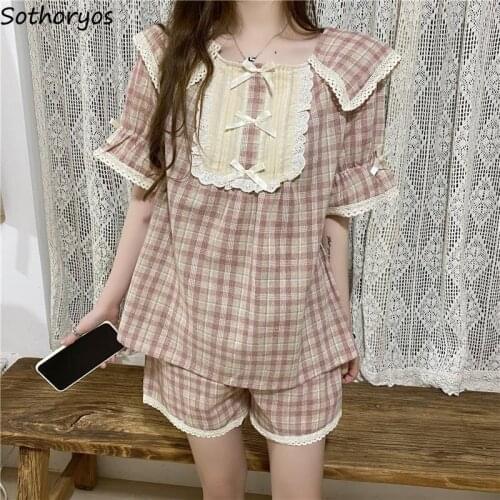 Pajama Sets Women Fashion Short Sleeve Round Neck Sleepwear Breathable Cute Sweet Plaid Lace Cute Pyjamas for Ladies New Loose