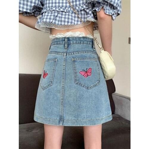Plus Size 4XL Korean Sweet High Waisted Denim Skirt Fashion Butterfly Print Sexy Lace Min A-line Jeans Skirts Short Femme Y239