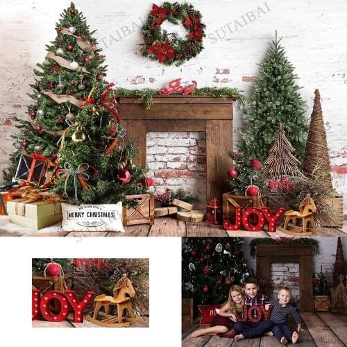 Merry Christmas Tree Brick Wall Fireplace Photography Backdrop Family Portrait Studio Wreath Gift Box Decor Child Baby Shower