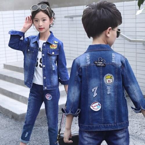 Version of childrens clothing 2018 gir jeans autumn new boys and girls cowboy suit in the big children fashion two-piece set