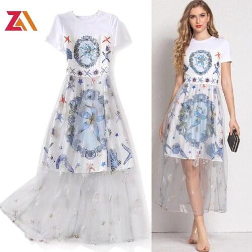 ZALady designer white short sleeve midi-long dresses for women 2021 casual elegant patchwork mesh plus size dress femme robe