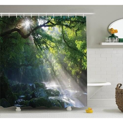 Rainforest Shower Curtain Stream in the Jungle Stones under Shadows of Trees Sunlight Mother Earth Theme Bathroom Accessories