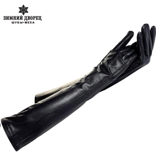 Women leather gIoves,Genuine Ieather,Cotton,Adult,Black,Length 45-48CM, Spandex, Ieather gIoves,Free shipping