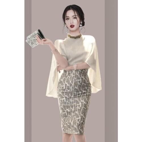 Autumn Sprig 2 Piece Set White Cape Type Top Women Dress Clothes Serpentine Pencil Midi Skirt Bandage Bodycon Sexy Party Dresses