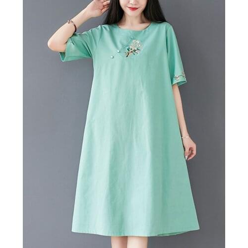 Embroidery Floral Beading Vintage Chinese Style Dress Cotton Linen Short Sleeve Loose Summer Dress Women Casual Midi Dress Robes