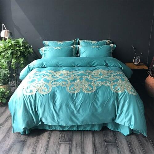 100S blue Egyptian cotton Luxury Embroidery Bedding Set 4pcs Queen King Hotel Duvet cover bed sheet set Pillowcases Camel