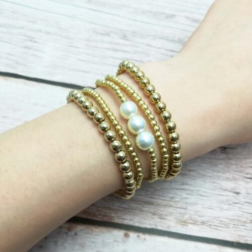5 PCS/Set ZWPON Gold Colors CCB Cube Beaded Pearl Bracelets Bangles for Women Gold Filled Elastic Layered Stretchy Bangles Set