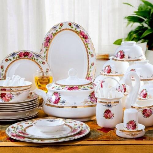 60pcs Flower Style Glazed Jingdezhen Bone China Porcelain Bowl and Dish Plate Set Dinnerware Tableware Set