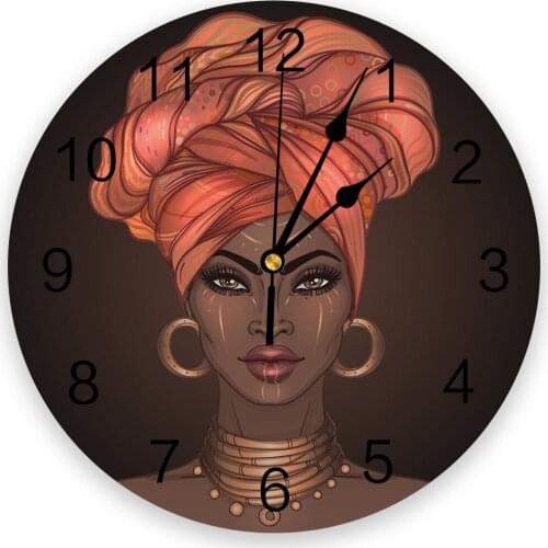 African Woman Headscarf Girl Earrings Living Room Clock Wall Round Clocks Decor Home Bedroom Kitchen Decoration Wall Clocks