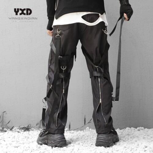 Mens fashion brand summer thin cargo pants men streetwear ribbon zipper loose hip hop pants man goth trousers paratrooper pants