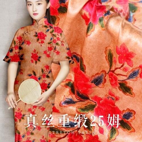 Digital inkjet chinese silk fabric 19mm soft cheongsam dress silk stretch satin fabric wholesale silk cloth 108 cm width
