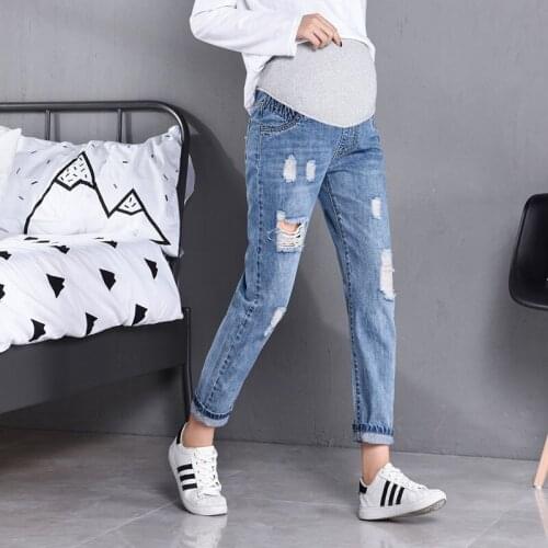 Pregnant women denim trousers maternity Loose pants Elastic casual hole straight pregnant women High Waist Pregnancy Blue jeans