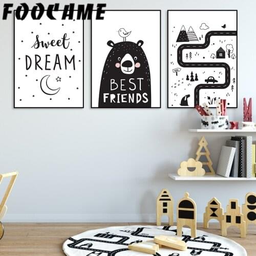 FOOCAME Bear Forest Moon Black and White Cartoon Nordic Poster Wall Art Canvas Painting Baby Nursery Room Decoration Pictures