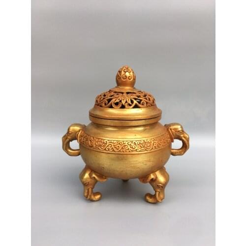 8"Chinese Folk Collection Old Bronze Gilt Elephant statue trunk Binaural Three-legged incense burner Office Ornaments Town House