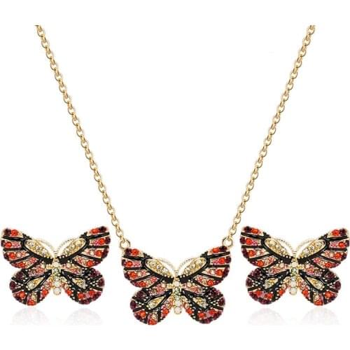 HC Vintage Crystal Butterfly Earrings Necklace Women Girl Jewelry Sets Elegant Gold Color Cute Jewelry Set Kid Children Gift T