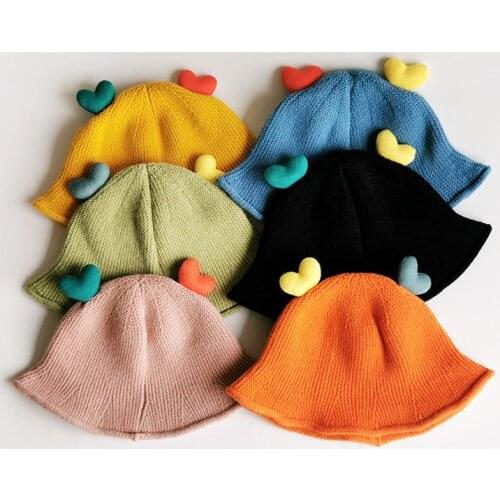 Korean Autumn kid Bucket Hat Colorful Love Knit Fisherman Baby Girls Hat Knitting Wool Hats For Girls To Keep Warm Winter Caps