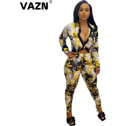 VAZN 2020 Autumn Hot High Quality Vintage Sexy Club Young Open Full Sleeve Bandage Top Group Long Pants Skinny Women 2 Piece Set