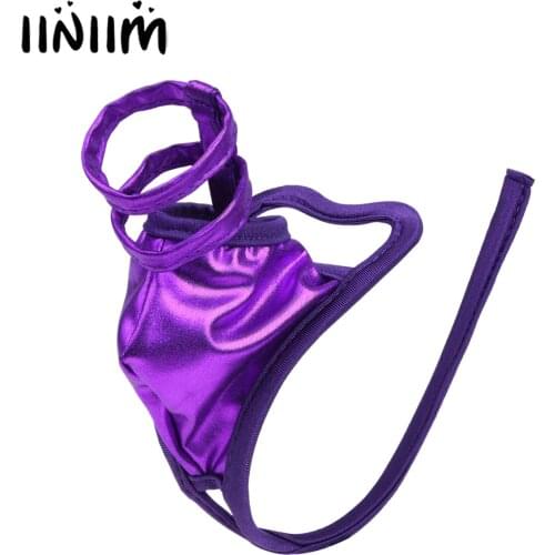 Mens Erotic Underwear Shiny Leather Micro C-String Thongs Male Underpants Sissy Crotchless Bikini Briefs with Loops Gay Panties