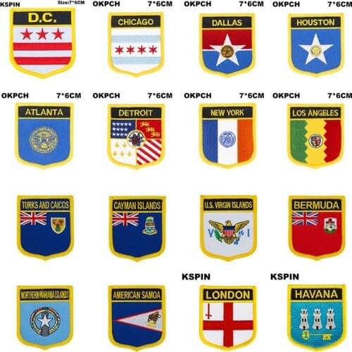 Shield Shape Flag Patches Chicago Dallas Houston Atlanta Detroit New York Los Angeles Turks and Caicos London