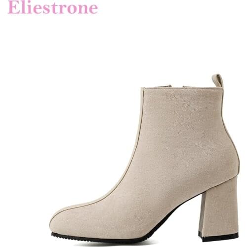 Winter New Fashion Beige Green Women Ankle Boots Flock High Square Heels Office Lady Shoes Plus Big Small Size 11 32 43 46