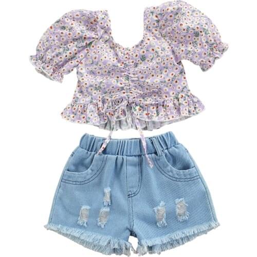 New Girl Short Sleeve Tops, Shorts Suit, Floral Lace Up Ruffle Summer Shirt Denim Ripped Pants