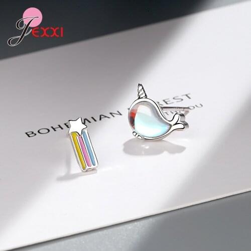 Hot Sale Asymmetrical Stud Earring S925 Sterling Silver Colorful Rainbow Star Whale Handmade Charming Pendientes Jewelry