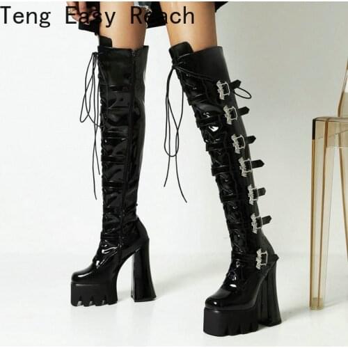 Luxury Brand New Ladies Thick High Heels Boots Fashion Metal Punk Platform Womens Boots Party Sexy Cosplay Goth Shoes Woman