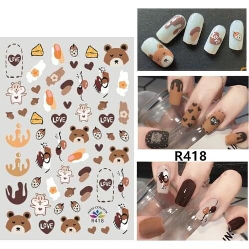 Self-adhesive 3D Stickers for Nails Bear Cake Love Coloring Nail Art Decorations Autumn Fashion Stickers Women Girl Nail Foil