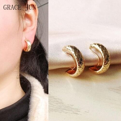 GRACE JUN Gold Color Mosquito Coil Clip on Hoop Earrings No Pierced Punk C Shape Texture Cuff Earrings Ear Clips Fashion Jewelry