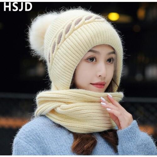 Warm Rabbit Hair Knitted Beanie Hat Women Winter Caps Fashion Hand Crochet Scarf Hats Thick Skullies Beanies Bonnet Female Cap