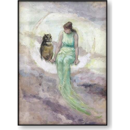 The Witchs Daugther Moon Goddess Vintage Poster Canvas Painting Woman on Crescent Moon Owl Antique Fairy Tale Wall Art Picture