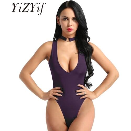 YiZYiF Women Open Crotch Bodysuit Necklace Collar See Through Sheer Mesh Sexy Lingerie Romper Bodysuit Thong Teddy Leotard Top