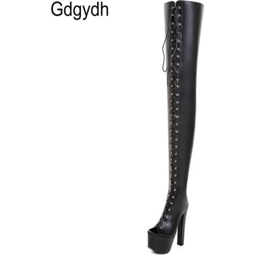Gdgydh Thigh High Open Toe Boots Heels Sexy Lace Up Over The Knee Boots High Heels Shoes Pole Dance Plus Size Strappy Gladiator