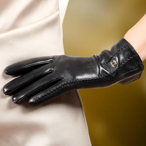 Womens Gloves Sheepskin Winter Gloves Thermal Autumn Winter Ladies Real Leather Gloves Female Black Red Free Shipping L170NC-1