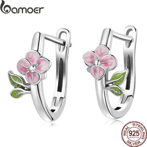 Bamoer 925 Sterling Silver Spring Pink Cherry Blossom Ear Buckle Round Hoop Earrings for Women Statement Jewelry 2021 Trend