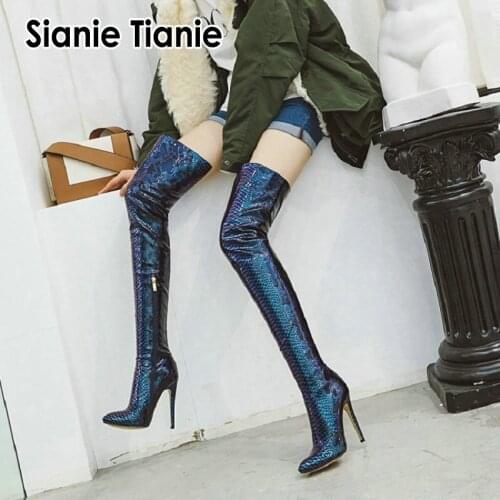 Snake Skin Print Runway Patent PU Leather Stretch Fabric Women Over-the-Knee Crotch Long Boot Thin High Heeled Thigh High Boots
