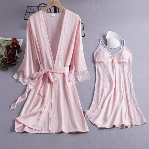 Female 2PCS Robe Sets Sexy Strap Top Nightgown&Bathrobe Bride Dressing Kimono Gown Summer Lace Lounge Home Wear Rayon Nightwear