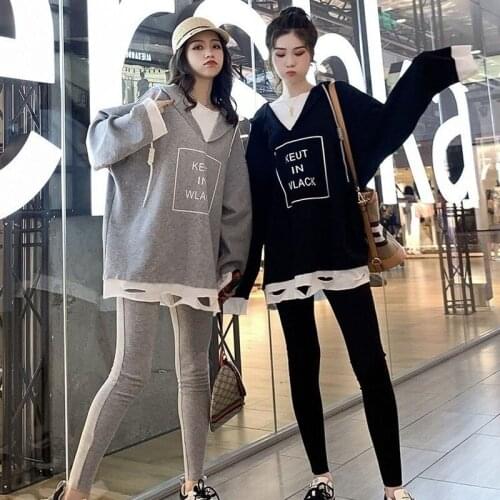 Womens Two-piece Two-piece Fake Two-piece Hooded Sweatshirt Suit Female 2020 New Age Reduction Leggings Two-piece Woman