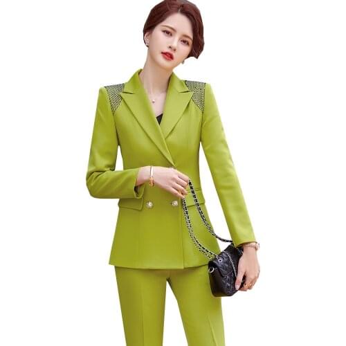 Black Green Yellow White Blazer Jacket And Pant Suit Women Office Ladies Female Formal Work Embroidered Flares 2 Piece Set