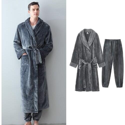 Winter Flannel Long Velvet Thick Warm Soft Men Solid Color Nightgown Bathrobe Suits Casual Home Dressing Gown Pajamas Sleepwear