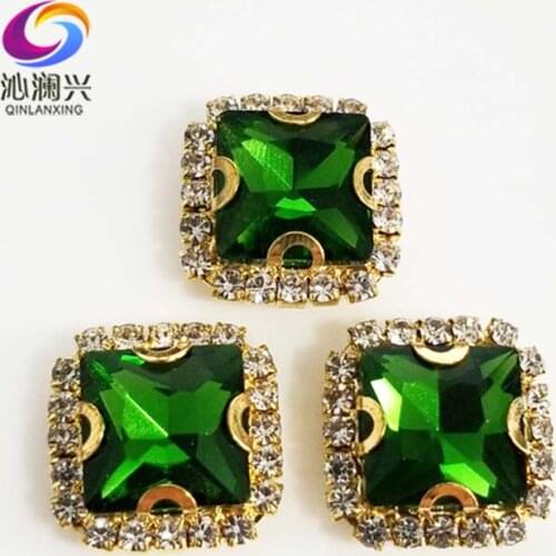 Golden bottom Grass green square shape top Crystal glass buckle, sew on rhinestones use for Diy/jewelry accessories SQKG20