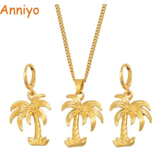 Anniyo Coconut Tree Pendant Necklaces Earrings sets for Women Girls Gold Color Trendy Plant Jewelry Party Gifts #013716