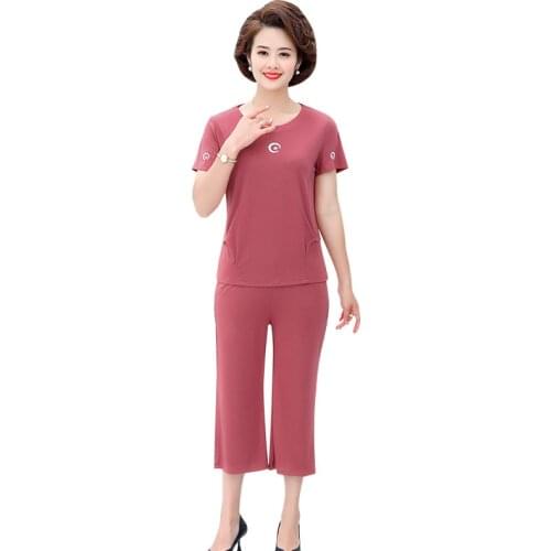 Middle-aged and Elderly Womens Short-sleeved T-shirt Cropped Pants Mom Loose 2021 Summer Two-piece Set O-neck Casual Cotton