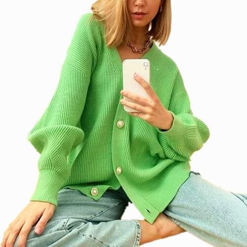 2021 Women Autumn V-Neck Yellow Cardigan Lantern Sleeve Loose Female Button Knitwear Sweaters Casual Long Knitted Cardigan