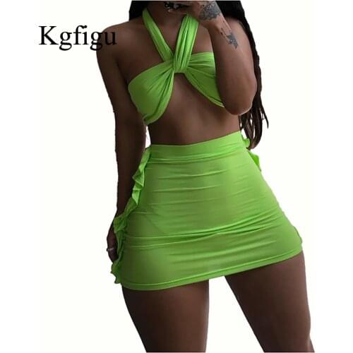 KGFIGU 2021 New Arrival White Sexy Two Piece Sets Women Ruffles Mini Short Skirts Halter Neck Strapless Crop Tops Outfits
