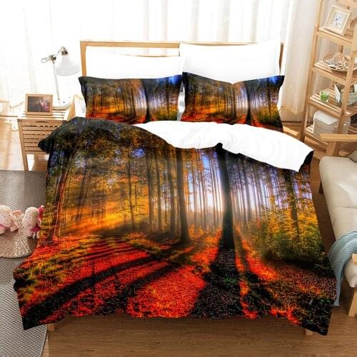 Creative Comforter Bedclothes Bed Cover Set Fall Gold Forest Bedding Set Housse De Couette Queen King Size Scenery Duvet Cover